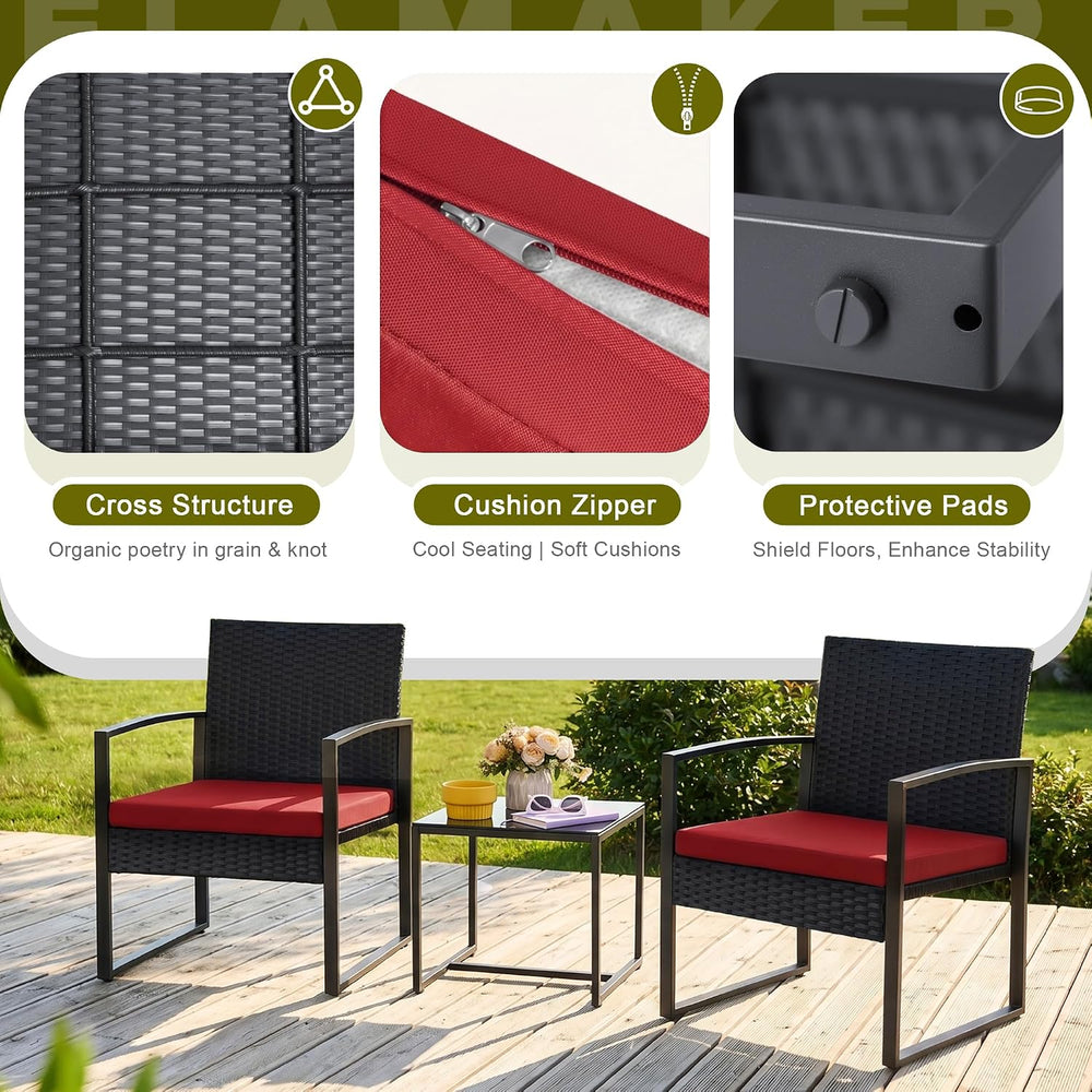 Flamaker 3 Pieces Patio Furniture Set Outdoor Wicker Bistro Chair (Red)