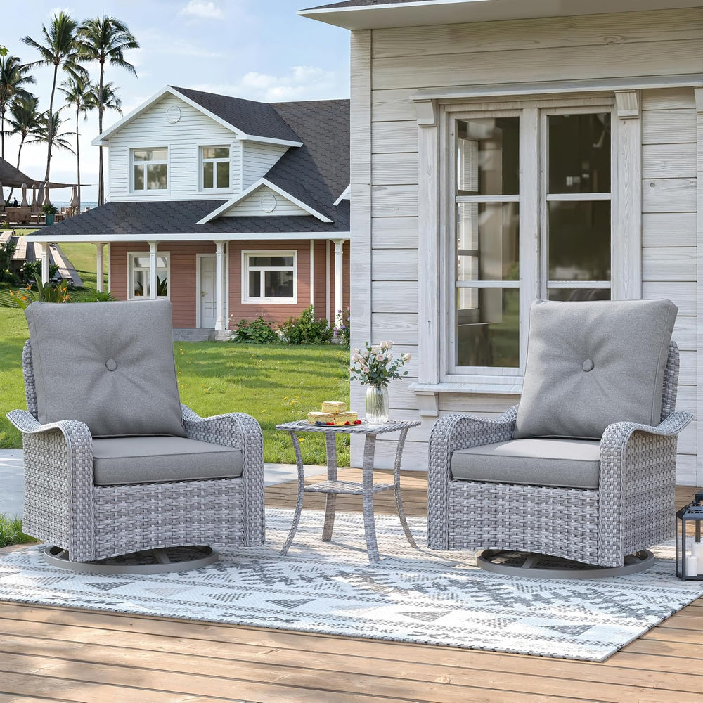 3 Piece Patio Furniture Set with Swivel Rocking Chairs, Outdoor Wicker Conver...