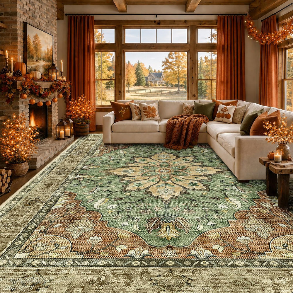 RELEANY Washable Area Rug, Large 9'x12', Brick/Brown/Green