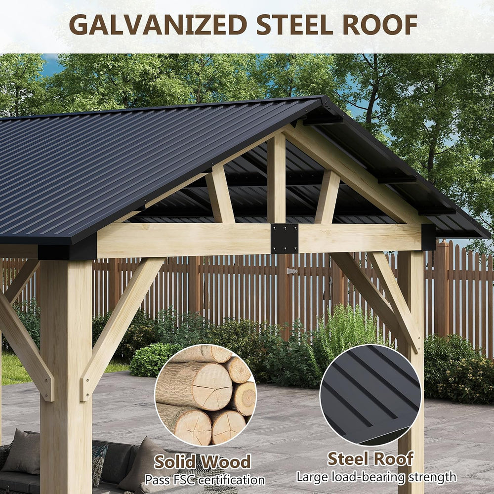 Outdoor Wood Gazebo 10'x12', Hardtop Gazebo Permanent Wooden Pavilion...