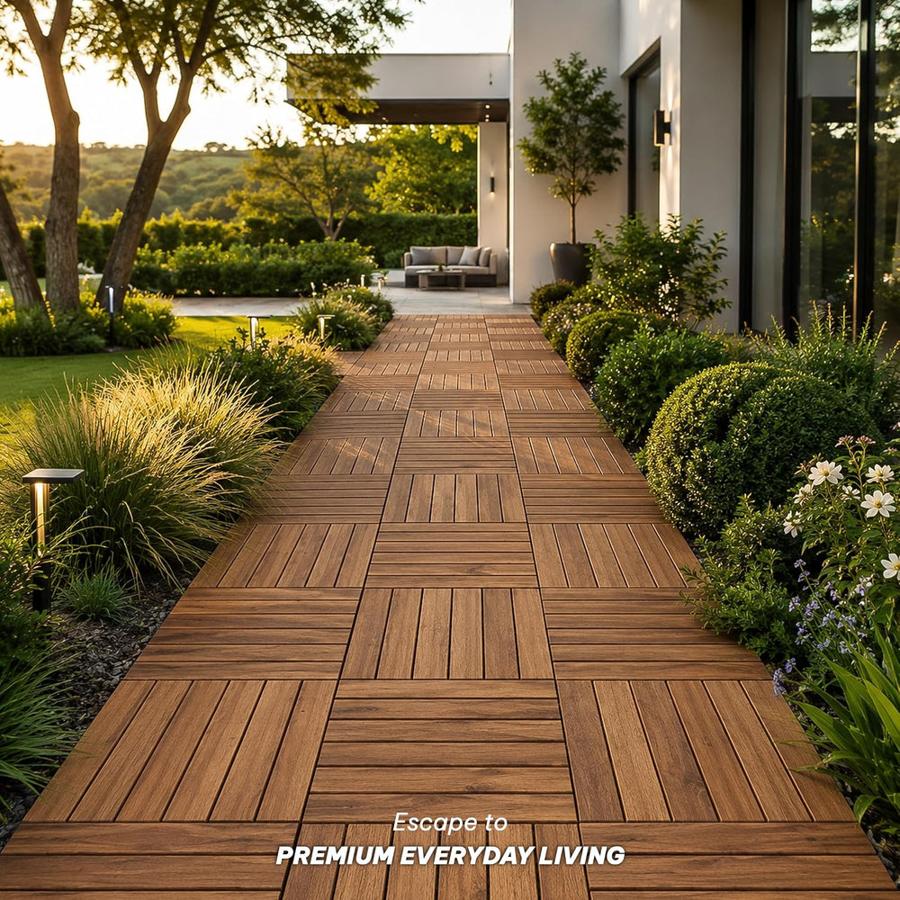 Acacia Interlocking Deck Tiles, 10 PCS Wood Flooring, 6 Slats, Honey Oak