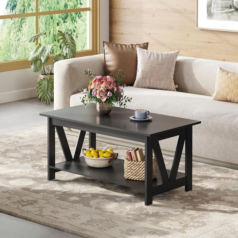 WLIVE 39.4" Farmhouse Coffee Table, Wood Center Table Storage Black