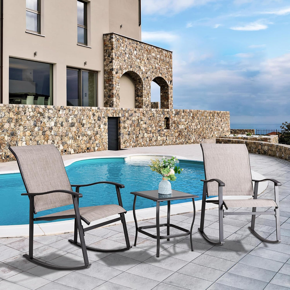 Vongrasig 3 Piece Outdoor Rocking Bistro Set, Textilene Fabric Small Patio Fu...