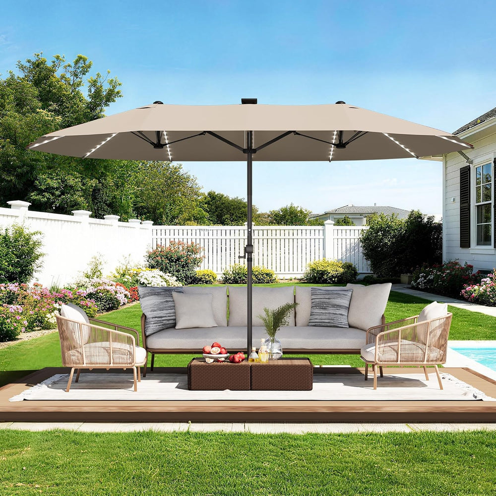 GDPFN 15ft Rectangular Patio Umbrella with Solar LED Lights, Double-Sided Out...