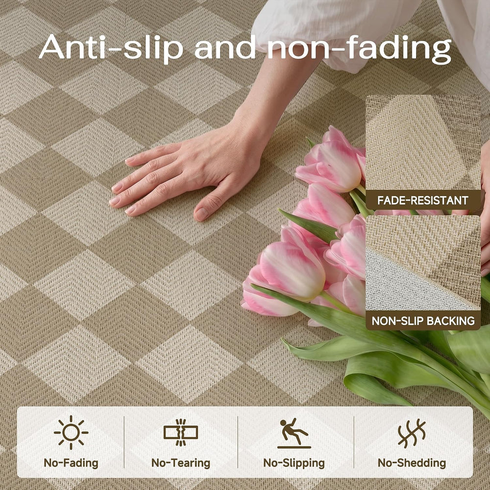 HUGEAR 5x8 Beige Brown Checkered Linen Look Indoor Outdoor Rug for Patio