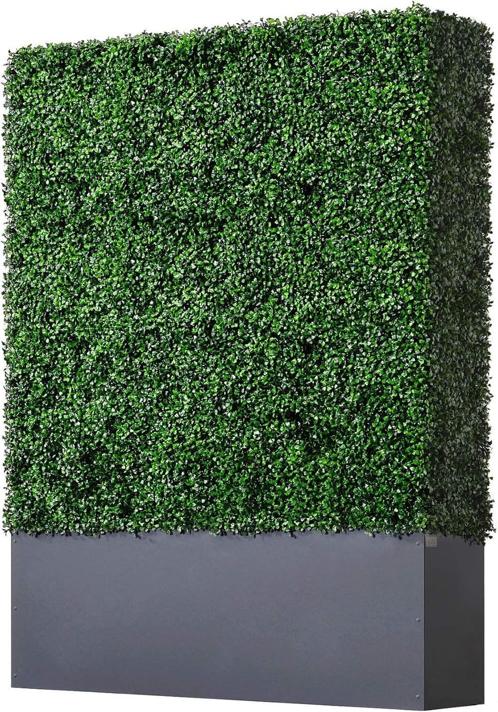 Artificial Boxwood Hedge Wall with Dark Gray Stainless Steel Planter Box Priv...