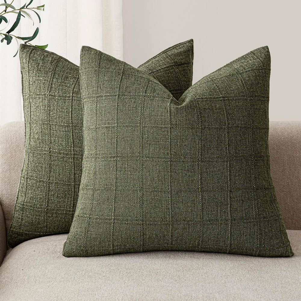 Foindtower Boho Linen Check Decorative Throw Pillow Cover 26×26 Olive Green