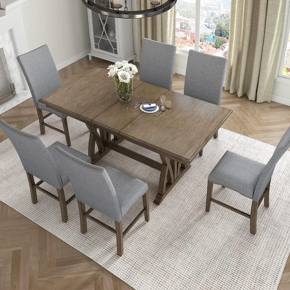 Mid-Century Extendable Dining Table Set for 6, Solid Wood 7-Piece Dining Tabl...