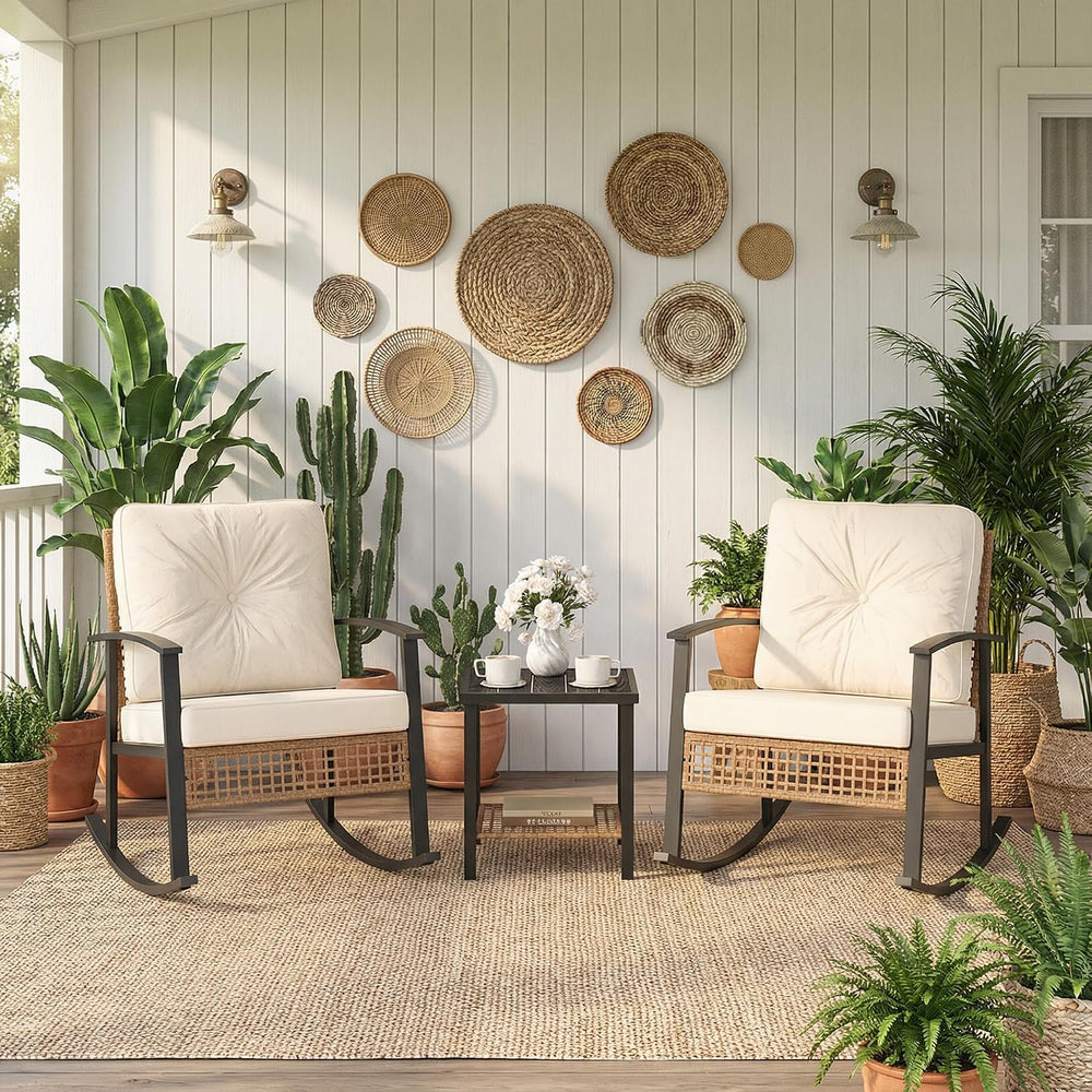 COSIEST 3-Piece Outdoor Rocking Chairs Bistro Set, Rattan Patio Furniture wit...
