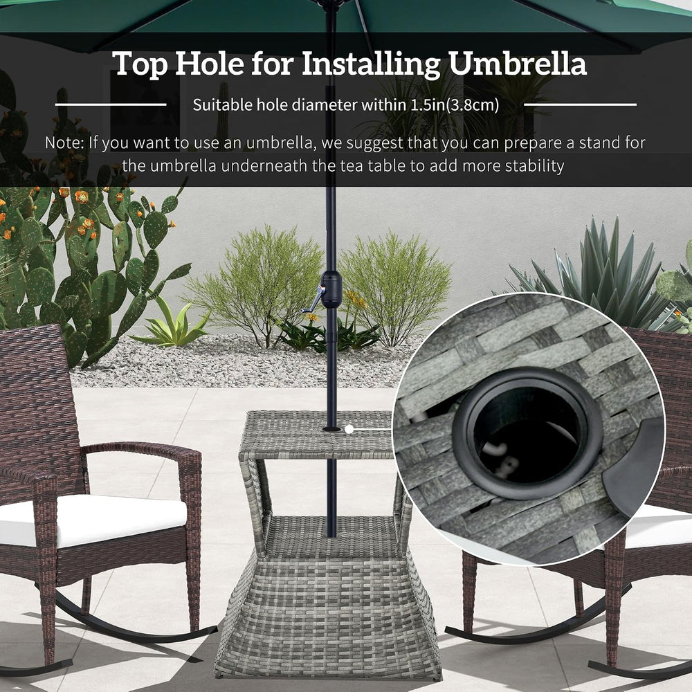 Outsunny Outdoor Side Table with Umbrella Hole 2 Tier Wicker Mixed Gray