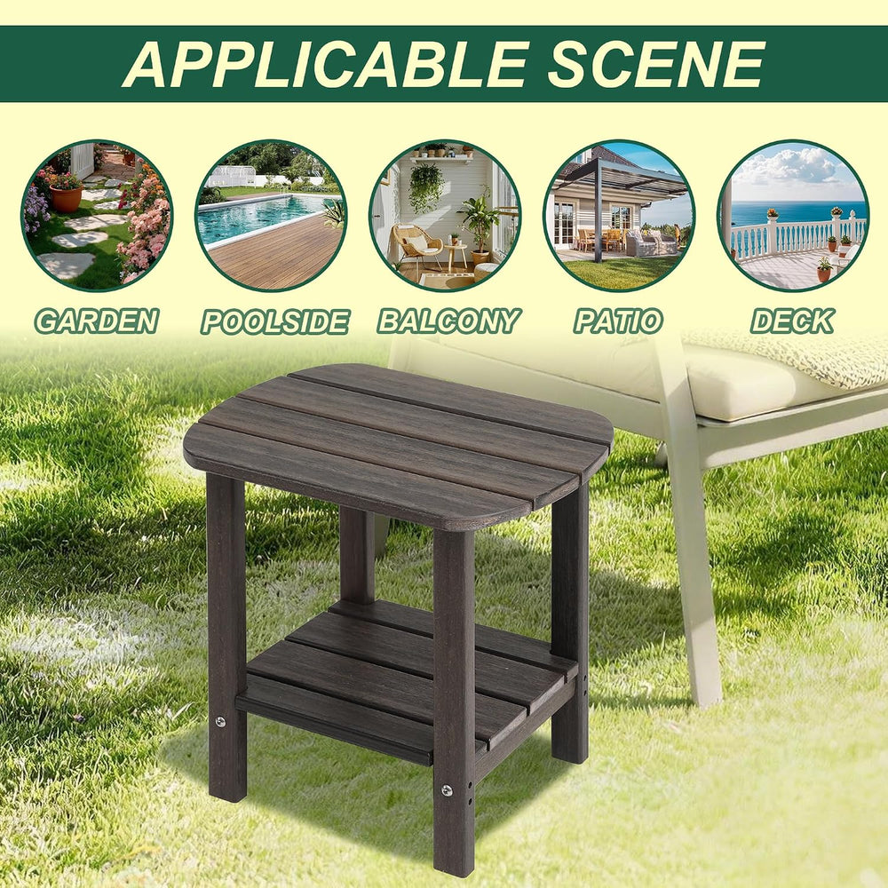 LZRS 2-Tier Patio Side Table, Heavy Duty HDPE Outdoor End Table with Wood Tex...