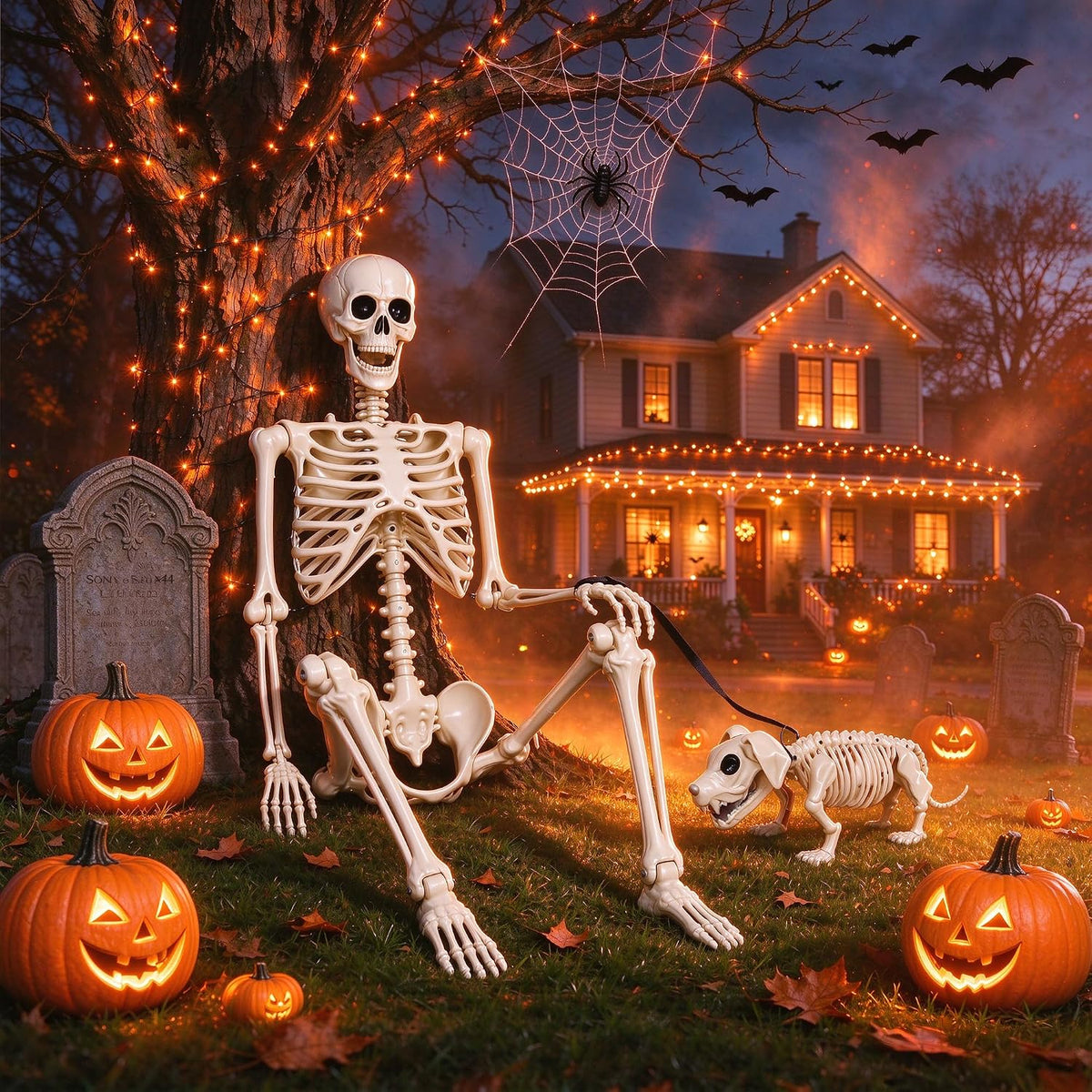 NEROSUN 5.4FT Halloween Skeletons Decoration, Posable Life Full Size Skeleton with Dog Skeleton, Realistic Plastic Human Bones for Halloween Props Haunted House Graveyard Party Decor