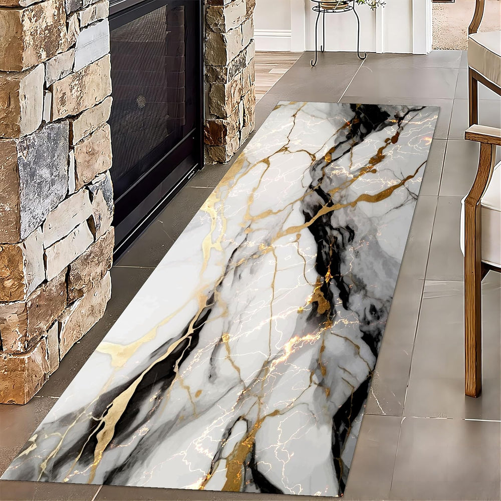White Marble Runner Rug,2x6ft, Black Gray Gold Texture Design Long Kitchen Ma...