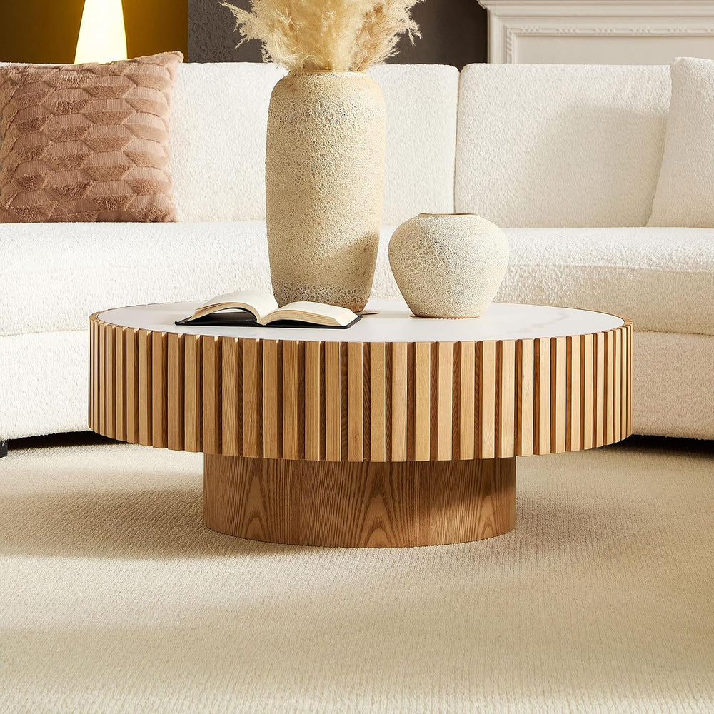 35.43" Oak Round Wood Coffee Tables with Faux Marble White Sintered Ston...