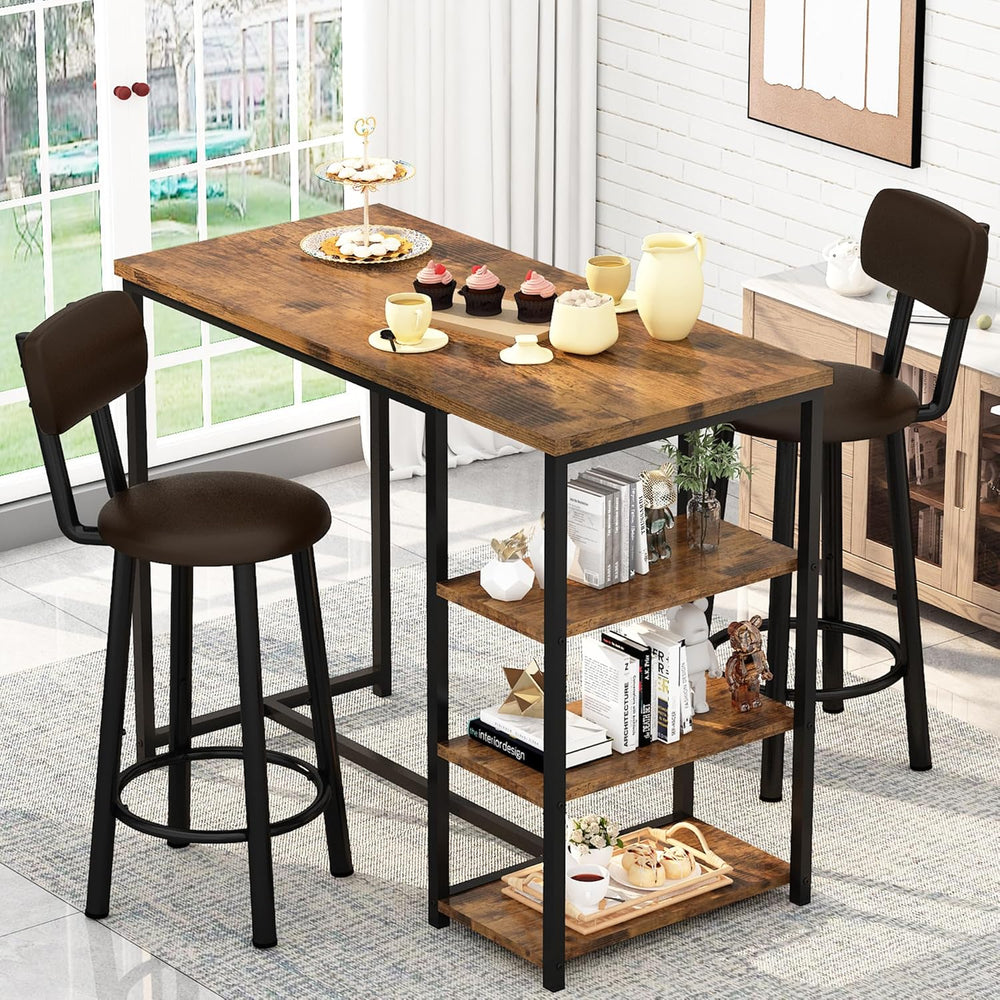 Kitchen Dining Table Set for 2, Bar Table and Chairs Set with 3 Storage Shelv...