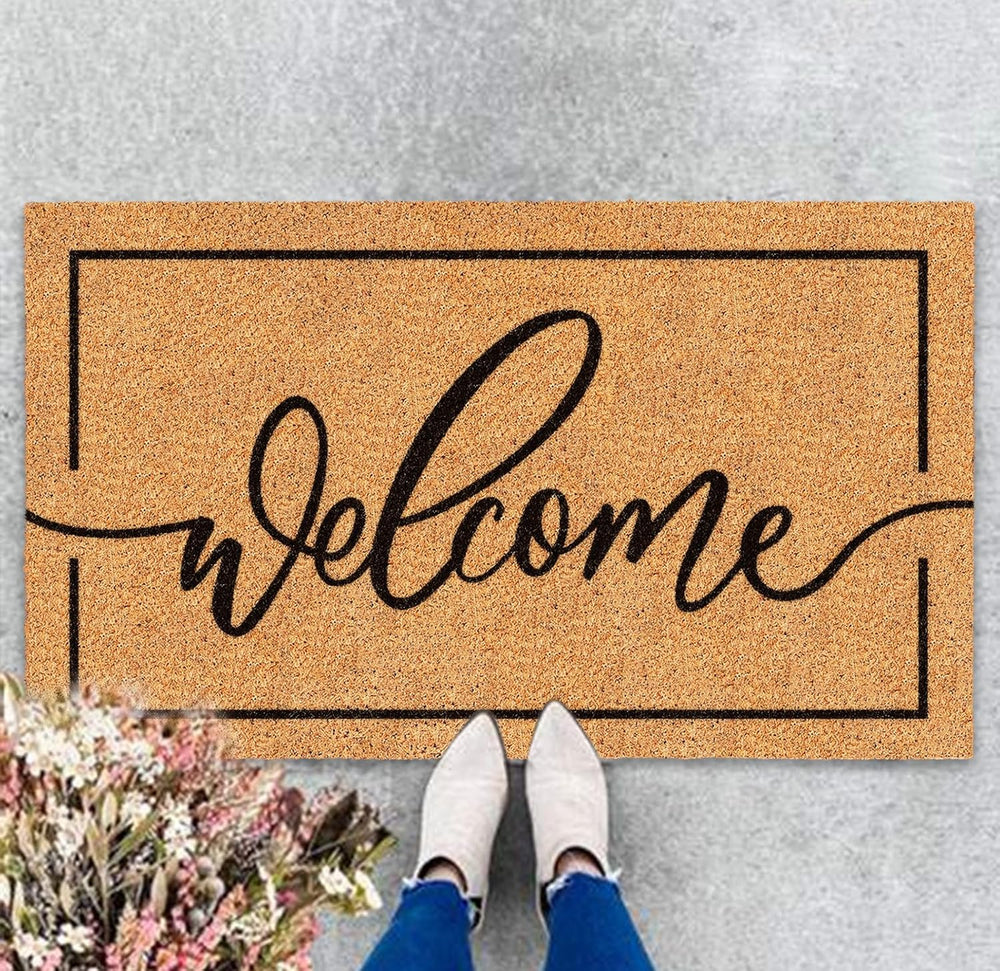 JarThenaAMCS Welcome Natural Coir Doormat with Black Border, 16.5 x 29.1 in