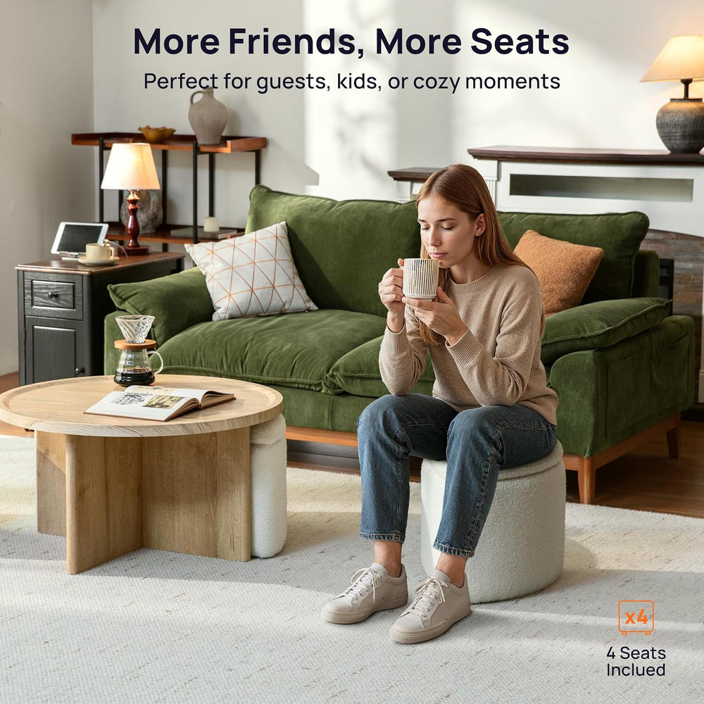 Round Coffee Table with Stools Underneath, 4 Storage Ottomans Chairs&Seats