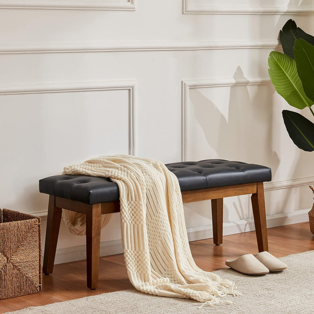HUIMO Entryway Bench, Black Leather, Solid Wood, Durable and Wear-Resistant