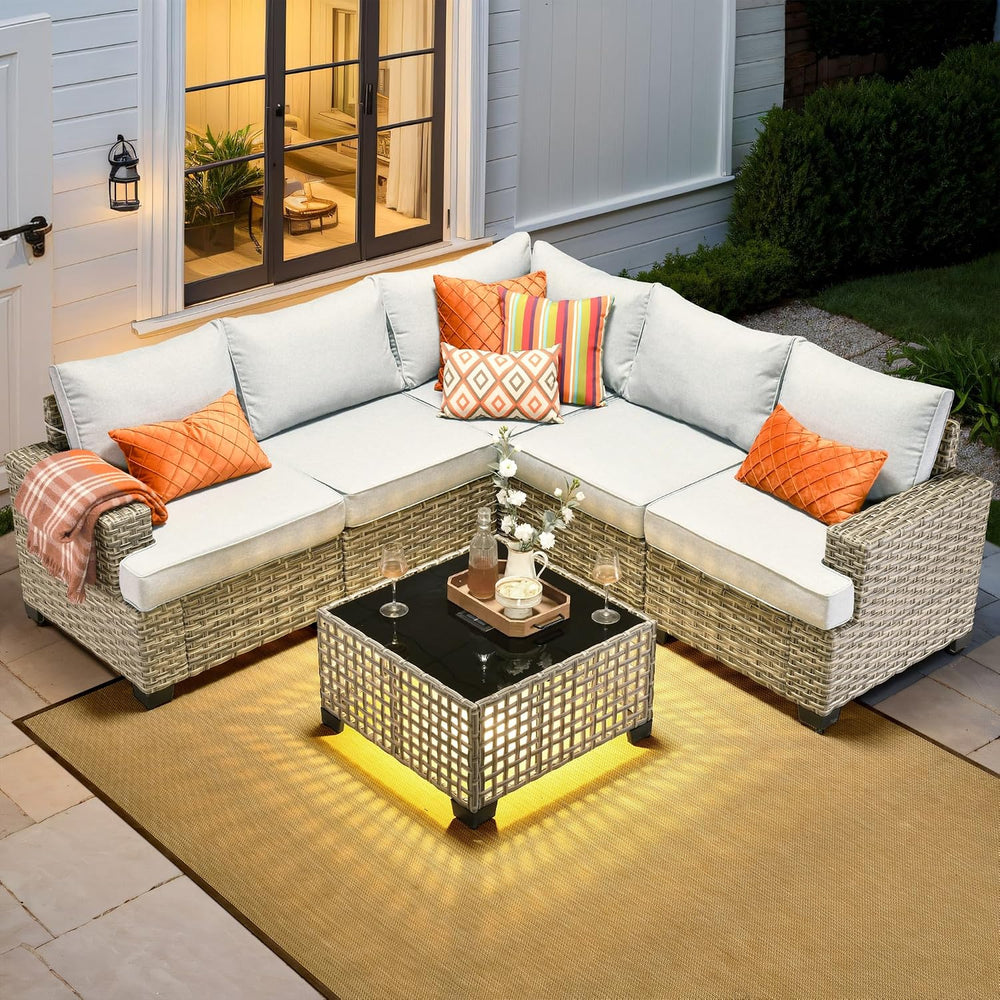 HOOOWOOO Outdoor Sectional Patio Furniture Set,6 Pieces Wicker Conversation S...