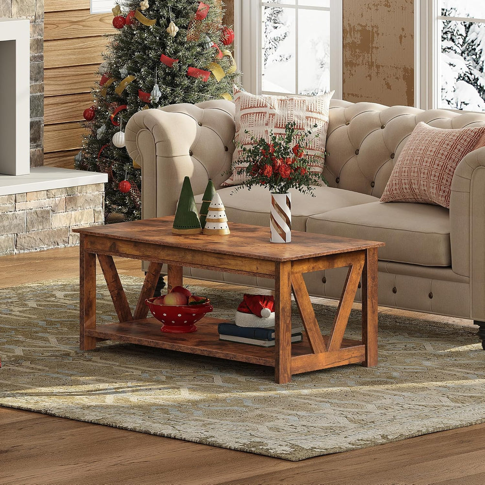 WLIVE Coffee Table, 43.3 Inch Farmhouse Table with Storage, Rustic Brown