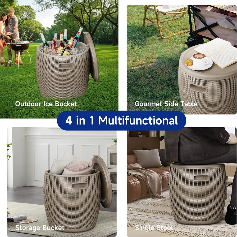 EasyUp 9.5 Gallon Outdoor Cooler Table, Wicker Round Ice Bucket for Parties, ...