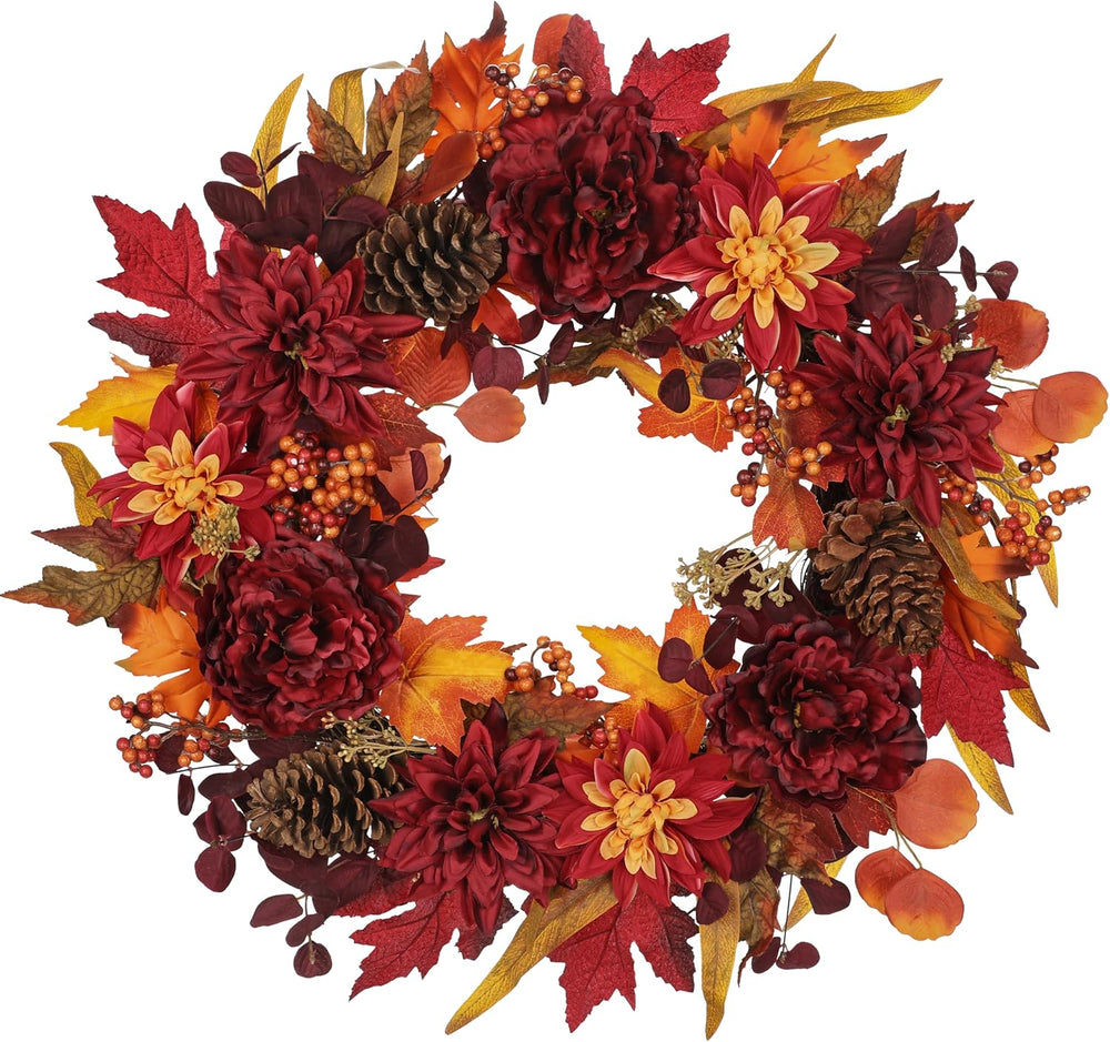 24" Artificial Fall Floral Wreath for Front Door Autumn Wreath with Peon...