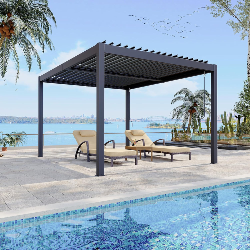 10x12 FT Louvered Pergola, Outdoor Pergola With Adjustable Louvered Roof, Lar...
