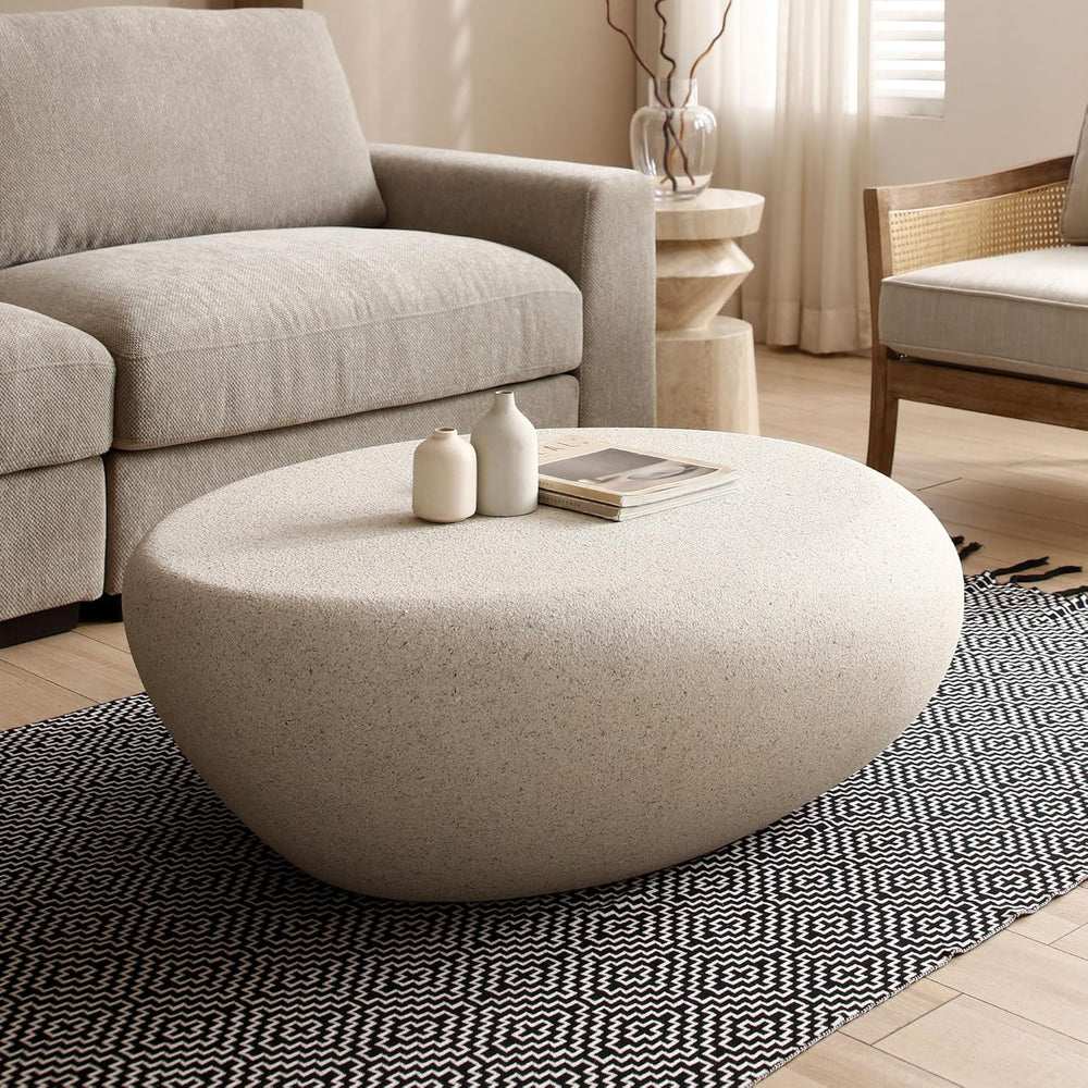 43.31" Oval Coffee Table, Modern Faux Stone Circle Center Tables Accent ...