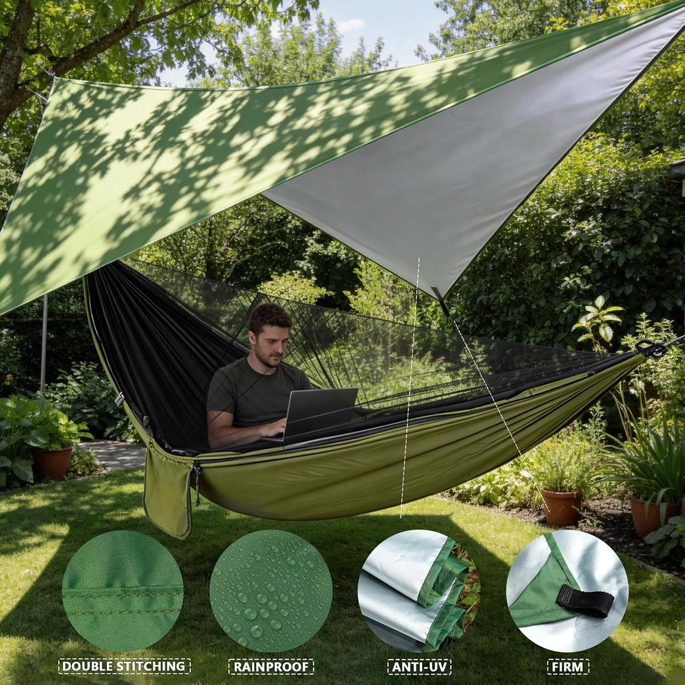 Camping Hammock with Rain Fly Tarp Mosquito Net Heavy Duty Tree Straps Portab...