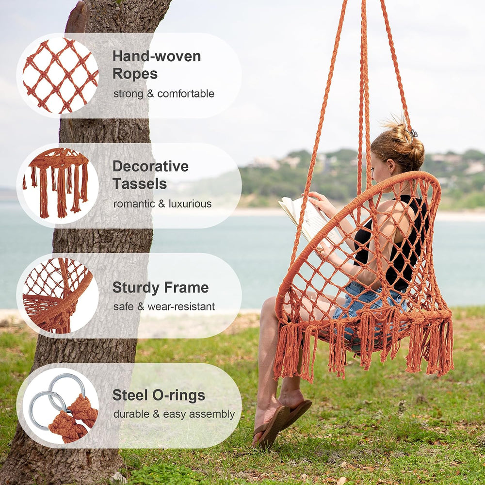 SUNCREAT Rope Hammock Chair, Outdoor Hanging Swing Chair for Bedroom, Brown