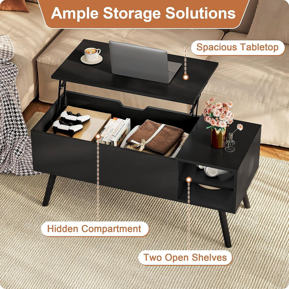 ALINE FURNITURE Black Lift Top Coffee Table with Hidden Storage Compartment, ...