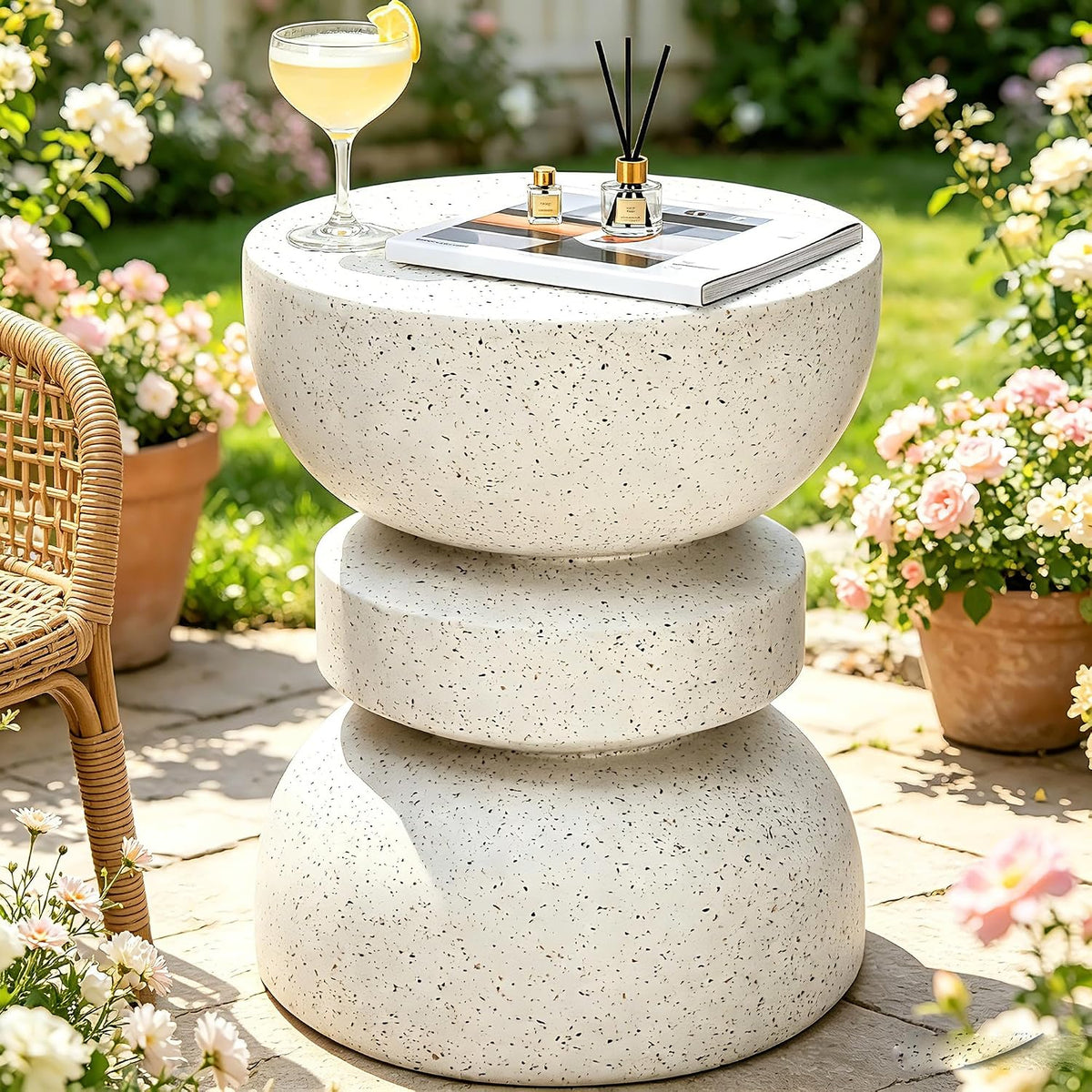 18" outdoor side table, modern hourglass garden stool,terrazzo-look, main product view
