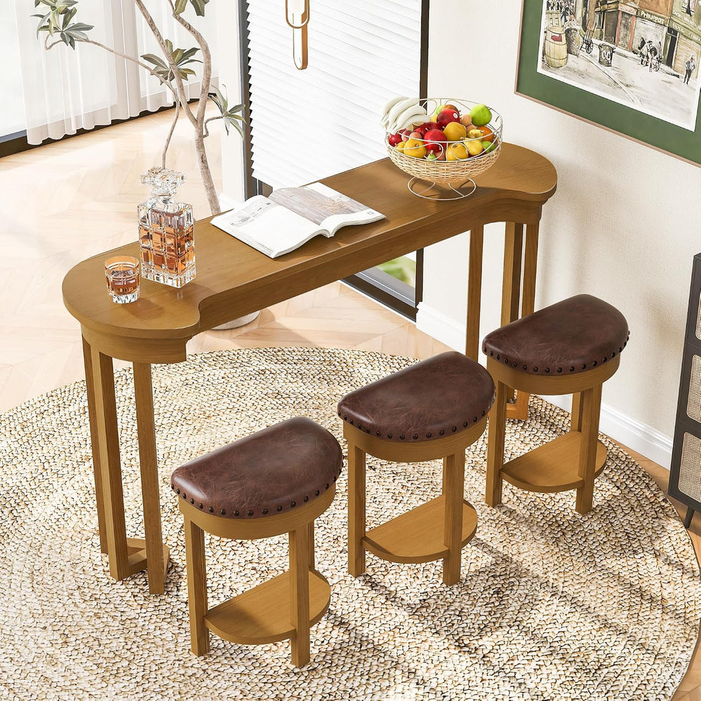 Merax 4 Piece Bar Table Set with 3 PU Upholstered Bar Stools, Solid Wood Coun...