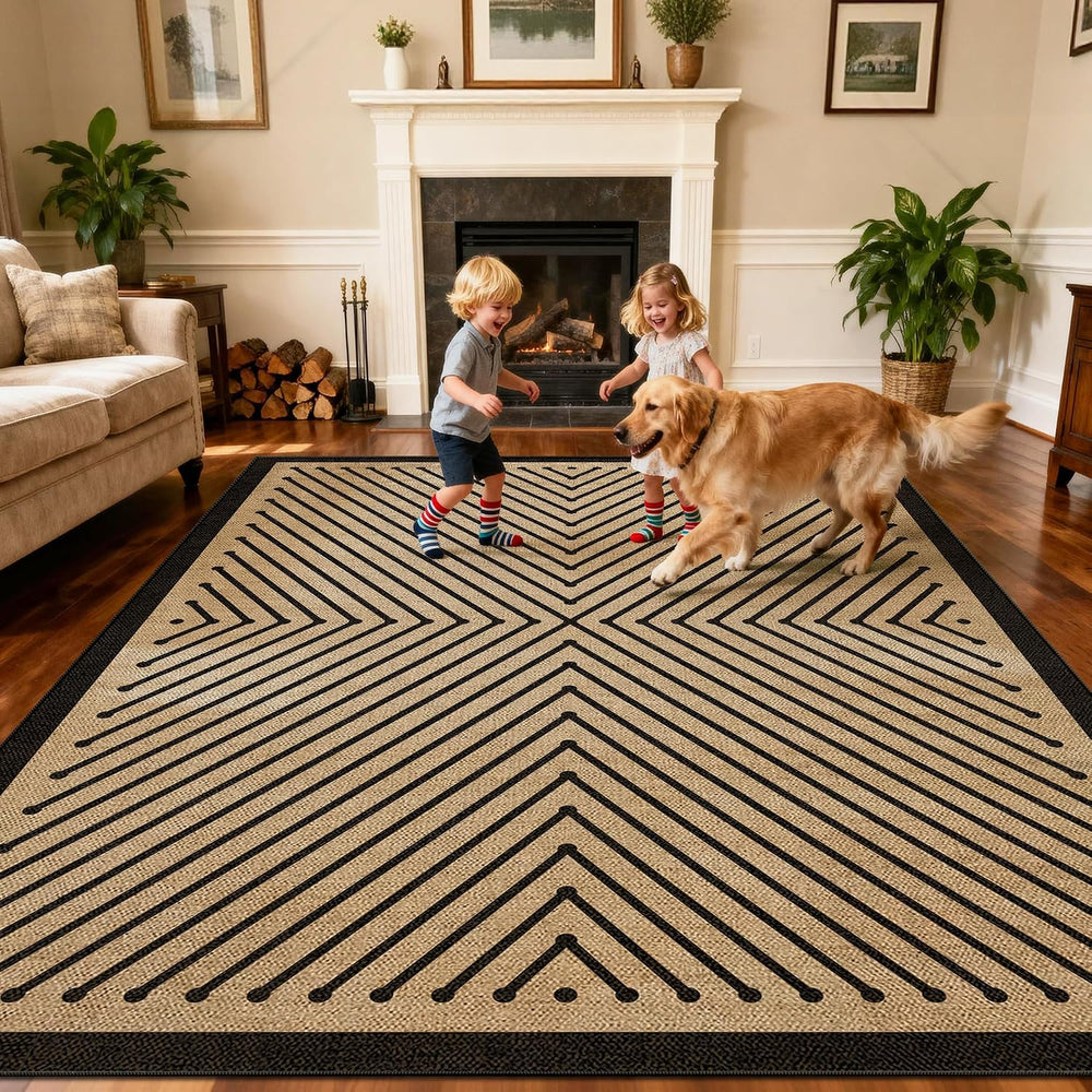 Washable 5x7 Modern Geometric Easy Jute Indoor Outdoor Rug for Living Room