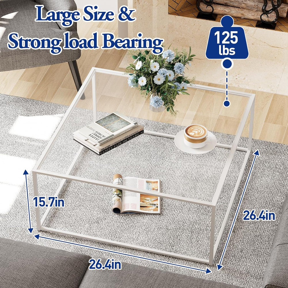 Glass Coffee Table Square Coffee Table for Small Space,Modern Minimalist Cent...