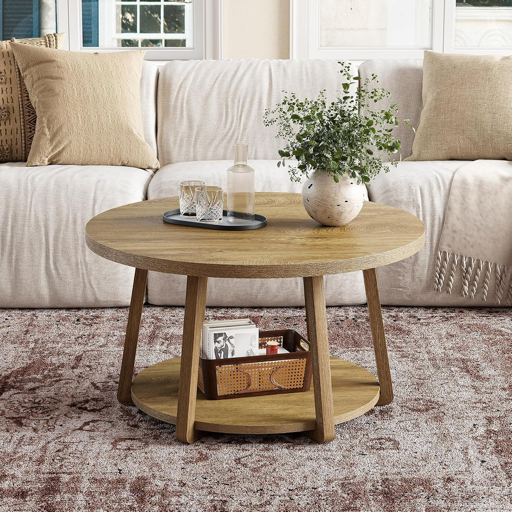 LITTLE TREE Round Coffee Table, 2-Tier Center Table with Storage