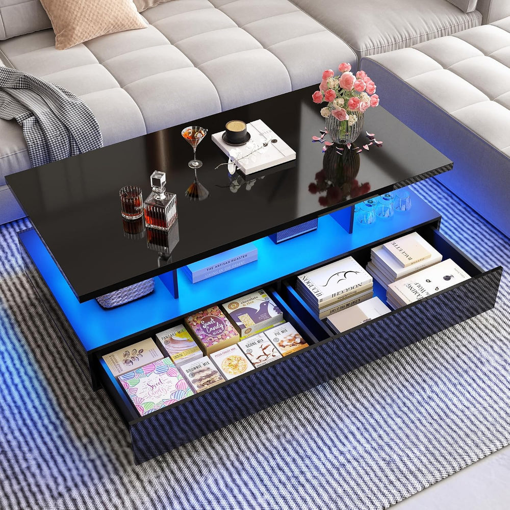 43in Large LED Coffee Table w/ 2 Big Storage Drawers,60,000-color Lights,App ...