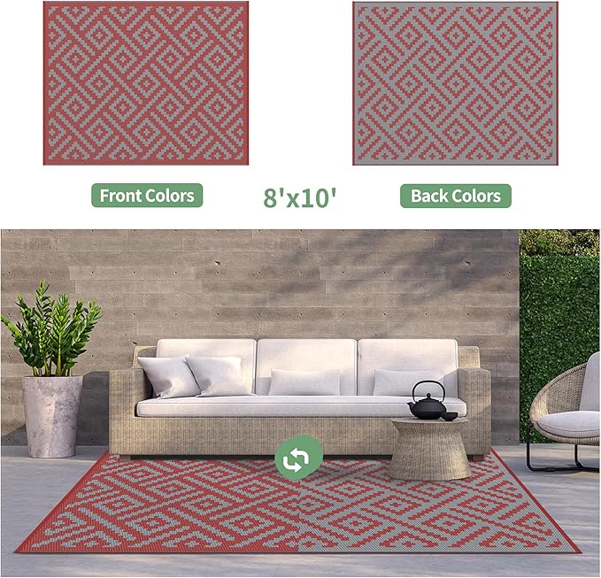 GENIMO Outdoor Rug for Patio Clearance, 8'x10' Reversible Plastic Str...