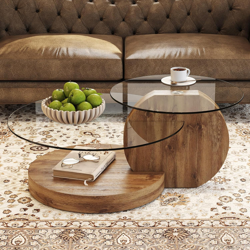 35.4" Glass Coffee Table, Small Round Coffee Table, 2-Tier Tempered Glas...
