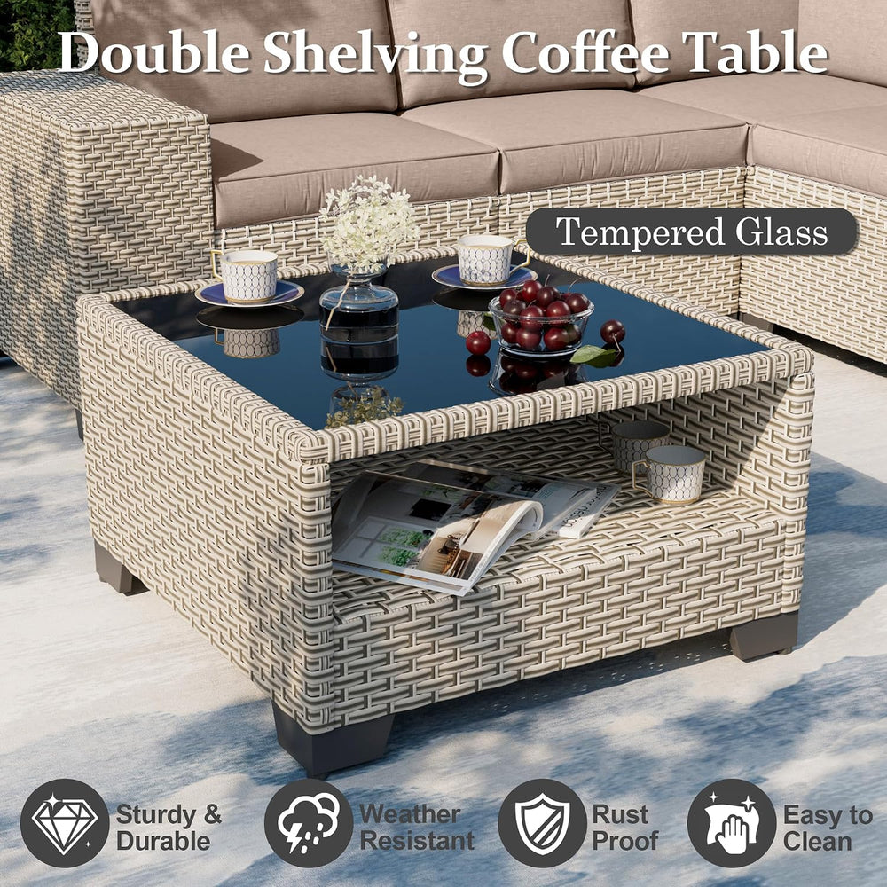 6-Piece Outdoor Patio Furniture Set, Modular Sectional Sofa Set with Glass Co...
