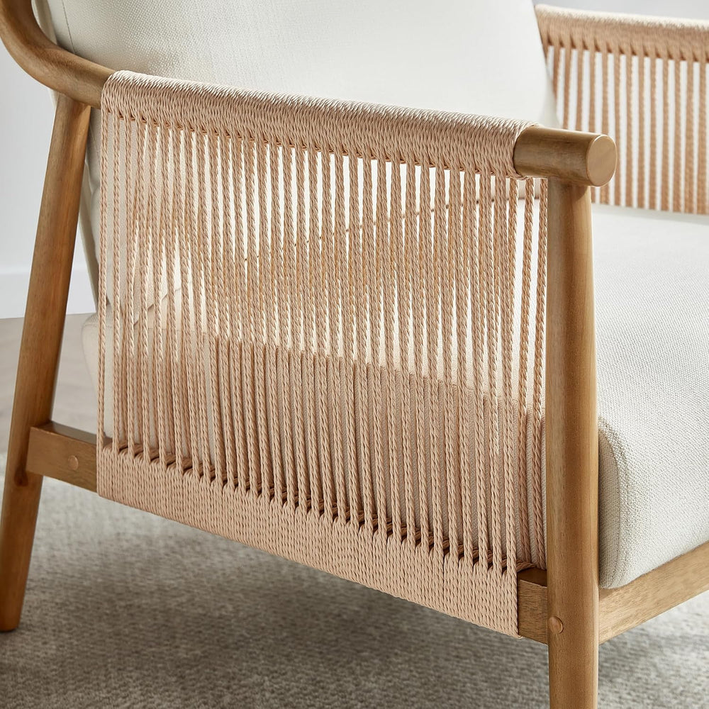 CHITA Braid Accent Chair Set of 2, Wood Frame and Paper-Cord Armrest, Cream