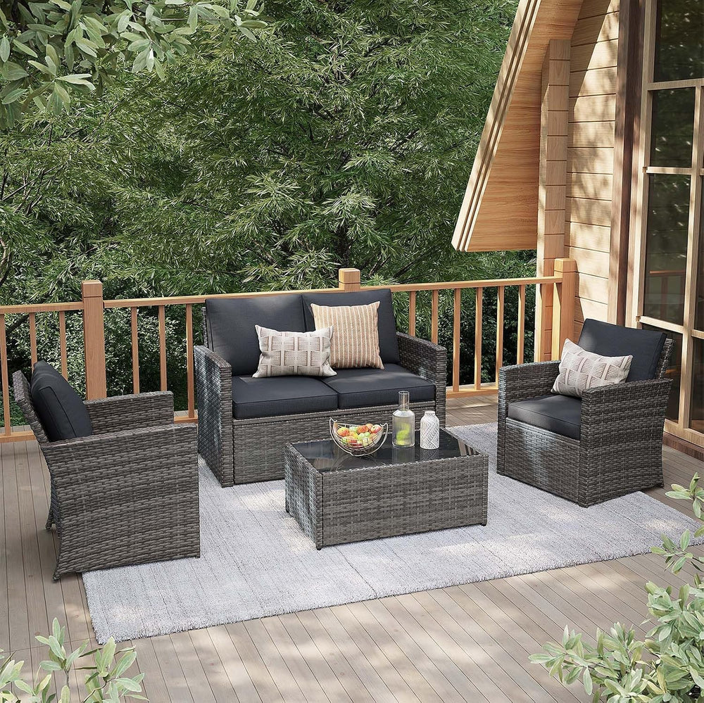 JOIVI 4 Piece Patio Furniture Set, Wicker Patio Conversation Set, Dark Gray