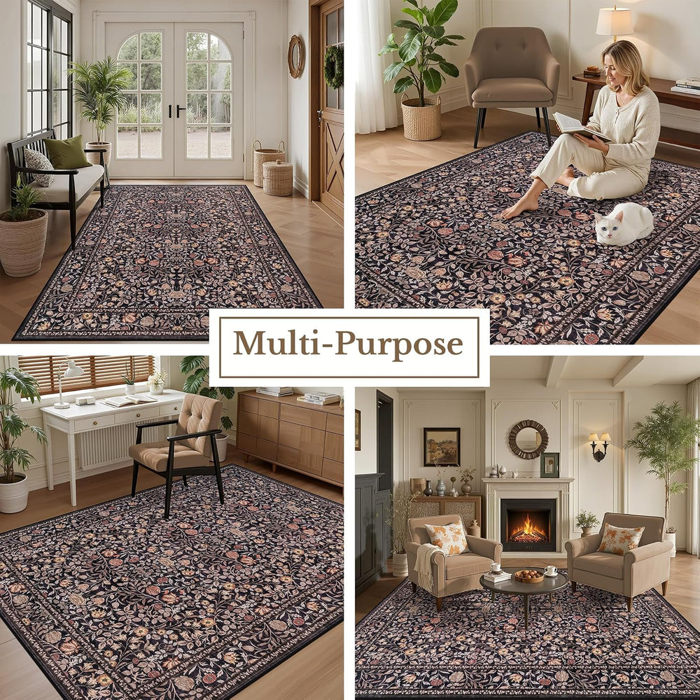 5x7 Area Rug Living Room: Soft Floral Washable Boho Carpet Brown