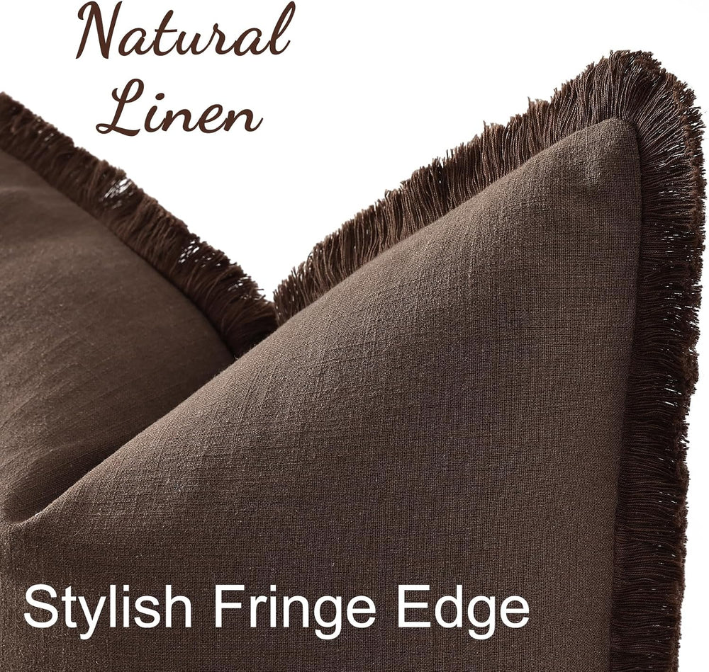 decorUhome Linen Fringe Chocolate Throw Pillow Covers 26x26 Set of 2