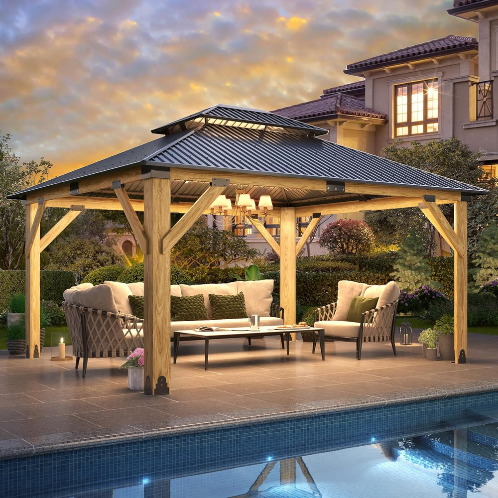 13x15FT Wood Gazebo,Outdoor Wooden Gazebo with Glavanized Steel Double Roof, ...