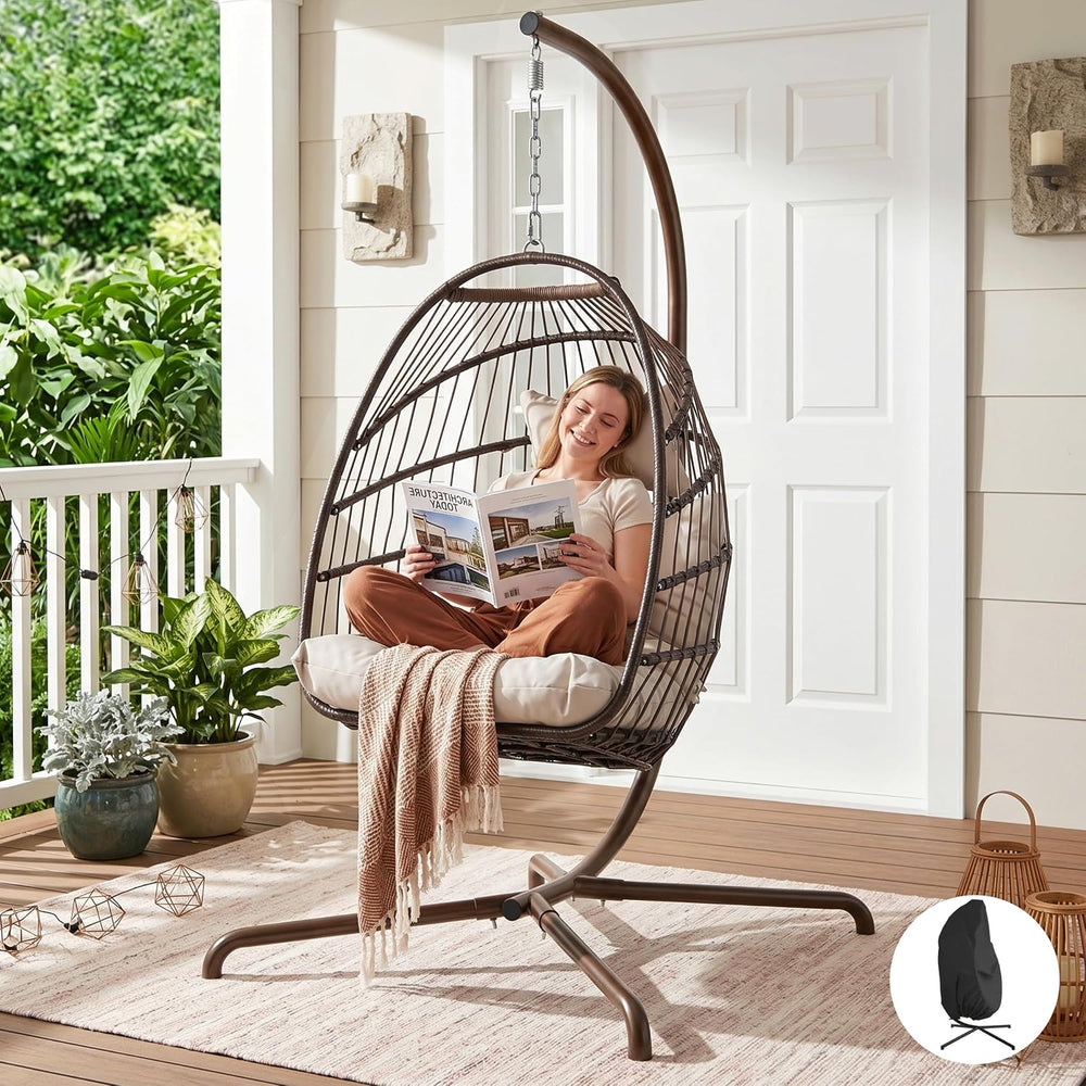 RADIATA Hanging Egg Chair Outdoor with Stand and Cover, Cream