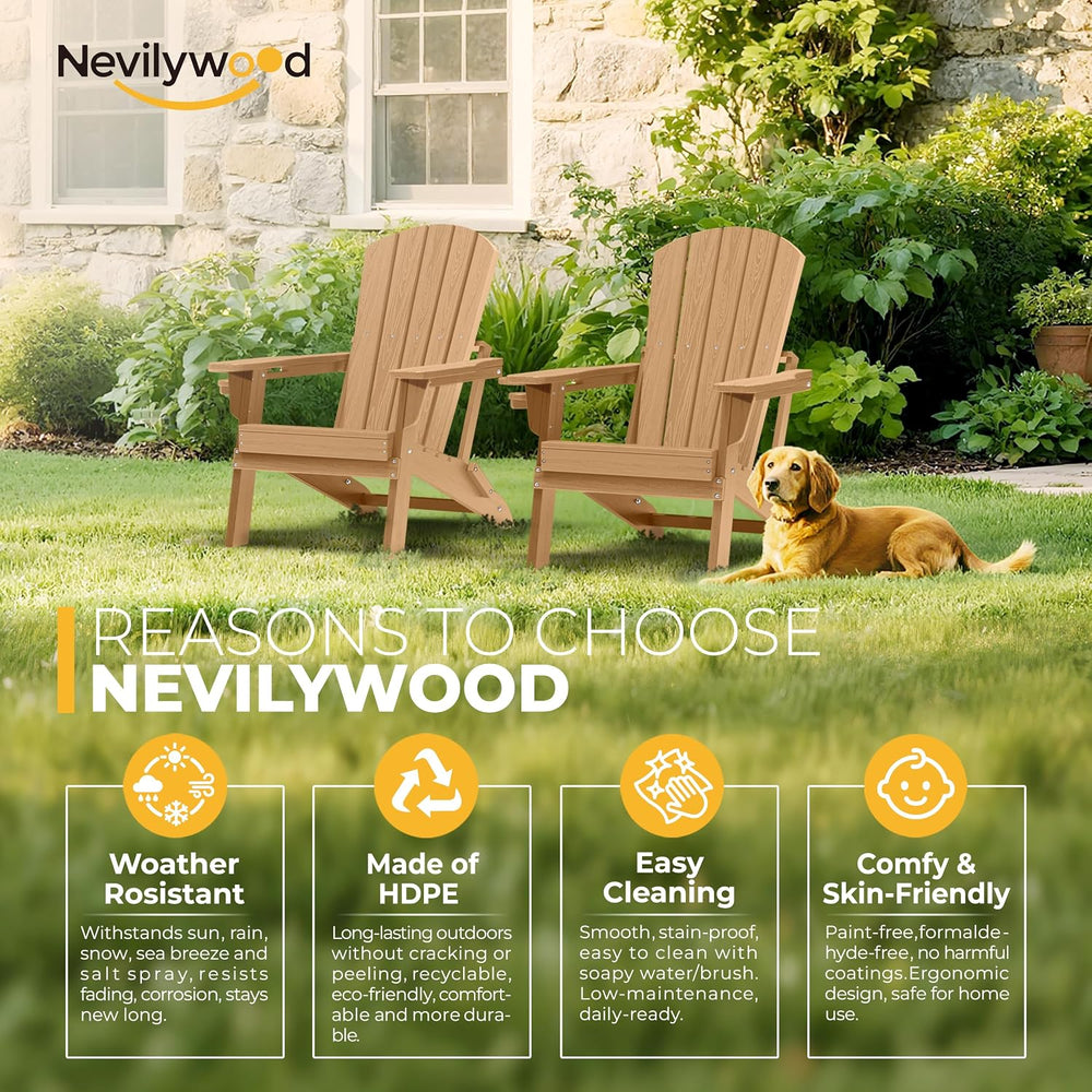 nevilywood Folding Adirondack Chair, HDPE Ergonomic Cup Holder, Teak