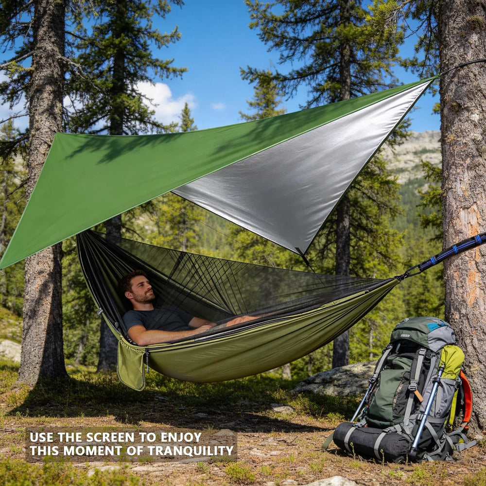 Camping Hammock with Rain Fly Tarp Mosquito Net Heavy Duty Tree Straps Portab...