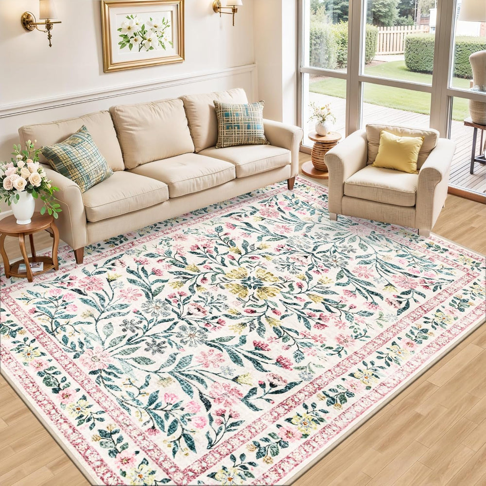 PLHXFR 8x10 Area Rug Living Room: Floral Washable Boho Carpet Pink Green