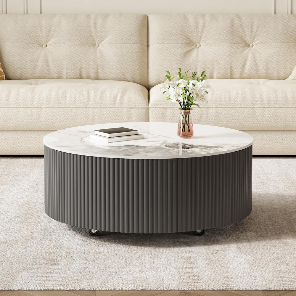 Round Coffee Table with Storage, Modern Movable Coffee Table with Marble Patt...